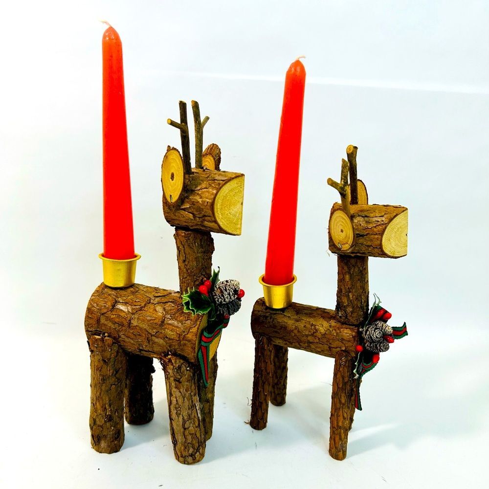 Christmas Around the World 1990's Vintage Natural Bark Reindeer Set of Two IOB